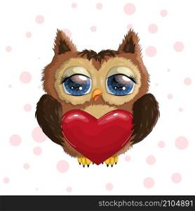 Valentine card with Cute Cartoon Owl with heart and flovers. Valentine card with Cute Cartoon Owl in hearts