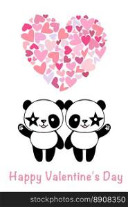 Valentine card with cute pandas and hearts. The concept of love. Illustration on a white background.. Valentine card with cute pandas and hearts. The concept of love. Illustration on a white background
