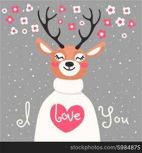 Valentine card with deer and declaration of love. . Valentine card with deer and declaration of love. Vector illustration.