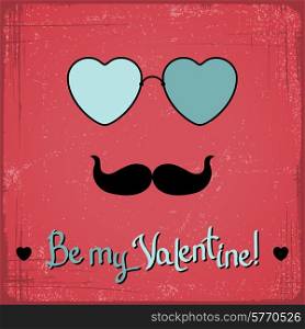 Valentine card with glasses, heart and mustache.