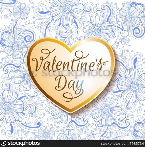 Valentine card with golden heart on a blue floral background