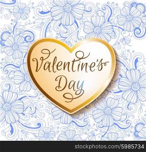 Valentine card with golden heart on a blue floral background