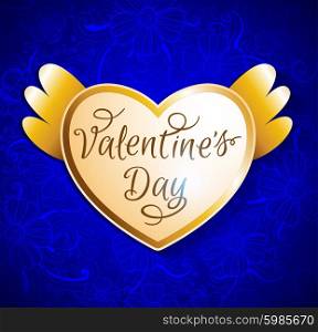 Valentine card with golden shining heart on a blue floral background