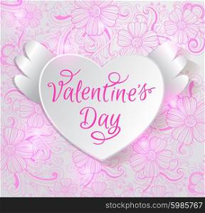 Valentine card with paper heart on a pink floral background