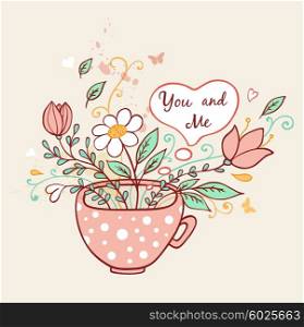 Valentine card with pink cup of coffee and flowers