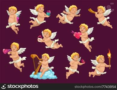 Valentine Cupids with vector love hearts and gifts. Cupid angel cartoon characters, Amur or Cherub with Valentine Day hearts, love arrow and letter, wings, harp, horn and clouds, gift box and torch. Valentine Cupids, cartoon love hearts and gifts
