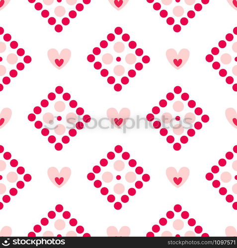 Valentine Day abstract seamless pattern - cartoon pink hearts, polka dot, rhombus on white, geometric shapes, vector romantic background, endless texture for wrapping, textile, scrapbook. Valentine Day seamless