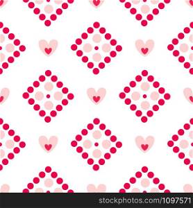 Valentine Day abstract seamless pattern - cartoon pink hearts, polka dot, rhombus on white, geometric shapes, vector romantic background, endless texture for wrapping, textile, scrapbook. Valentine Day seamless