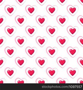 Valentine Day abstract seamless pattern - cartoon red and pink hearts on white, geometric shapes, vector romantic background, endless texture for wrapping, textile, scrapbook. Valentine Day card - cartoon