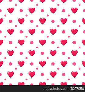 Valentine Day abstract seamless pattern - cartoon red and pink hearts on white, geometric shapes, vector romantic background, endless texture for wrapping, textile, scrapbook. Valentine Day abstract seamless pattern