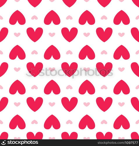 Valentine Day abstract seamless pattern - cartoon red and pink hearts on white, geometric shapes, vector romantic background, endless texture for wrapping, textile, scrapbook. Cute cartoon valentines day