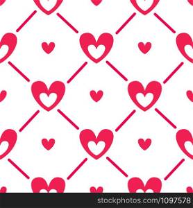 Valentine Day abstract seamless pattern - cartoon red and pink hearts on white, geometric shapes, vector romantic background, endless texture for wrapping, textile, scrapbook. Cute cartoon valentines day