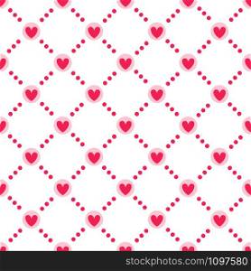 Valentine Day abstract seamless pattern - cartoon red and pink hearts on white, polka dot, geometric shapes, vector romantic background, texture for wrapping, textile, scrapbook. Valentine Day seamless