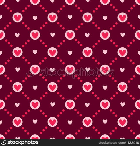 Valentine Day abstract seamless pattern - cartoon red and pink hearts on white, polka dot, geometric shapes, vector romantic background, texture for wrapping, textile, scrapbook. Valentine Day seamless pattern