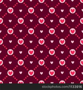 Valentine Day abstract seamless pattern - cartoon red and pink hearts on white, polka dot, geometric shapes, vector romantic background, texture for wrapping, textile, scrapbook. Valentine Day seamless pattern
