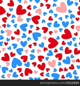 Valentine Day abstract seamless pattern - cartoon red, pink and blue hearts on white, geometric shapes, vector romantic background, endless texture for wrapping, textile, scrapbook. Cute cartoon valentines day