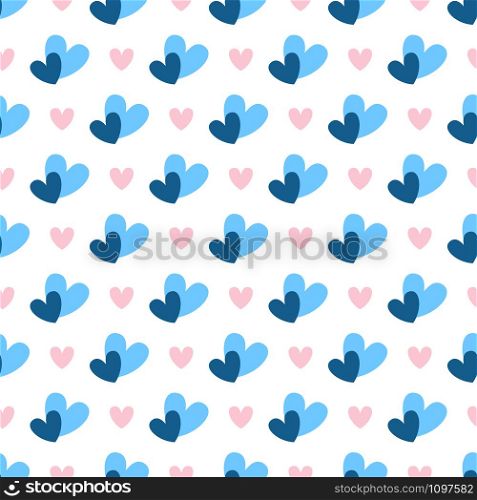 Valentine Day abstract seamless pattern - cartoon red, pink and blue hearts on white, geometric shapes, vector romantic background, endless texture for wrapping, textile, scrapbook. Valentine Day seamless pattern