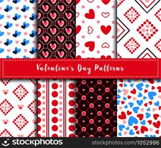 Valentine Day abstract seamless pattern set - cartoon pink and blue hearts on white, stripes, geometric shapes, vector romantic background, texture for wrapping, textile, scrapbook. Cute cartoon valentines day