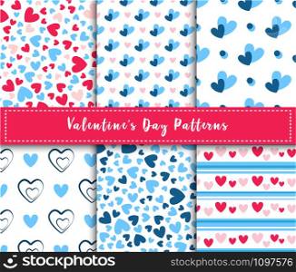 Valentine Day abstract seamless pattern set - cartoon pink and blue hearts on white, stripes, geometric shapes, vector romantic background, texture for wrapping, textile, scrapbook. Valentine Day seamless pattern