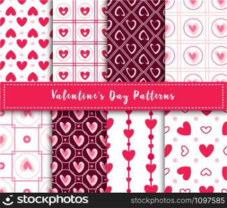 Valentine Day abstract seamless pattern set - cartoon pink and red hearts on white, stripes, geometric shapes, vector romantic background, endless texture for wrapping, textile, scrapbook. Valentine Day seamless pattern