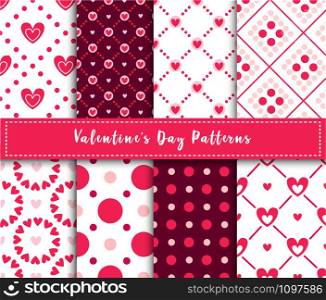 Valentine Day abstract seamless pattern set - cartoon pink and red hearts on white, stripes, geometric shapes, vector romantic background, endless texture for wrapping, textile, scrapbook. Cute cartoon valentines day