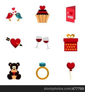 Valentine day and wedding icons set. Cartoon set of 9 valentine day and wedding vector icons for web isolated on white background. Valentine day and wedding icons set, flat style