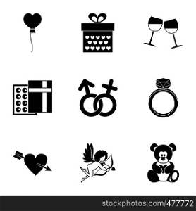 Valentine day and wedding icons set. Simple set of 9 valentine day and wedding vector icons for web isolated on white background. Valentine day and wedding icons set, simple style