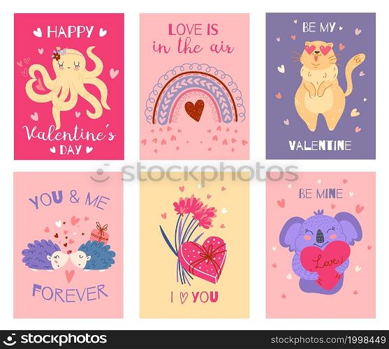 Valentine day animals cards. Cute romantic characters, hearts valentines, love holiday elements, funny koala, cat and hedgehogs congratulate posters, romantic letter vector cartoon flat isolated set. Valentine day animals cards. Cute romantic characters, hearts valentines, love holiday elements, funny koala, cat and hedgehogs congratulate posters, romantic letter vector isolated set