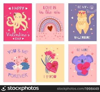Valentine day animals cards. Cute romantic characters, hearts valentines, love holiday elements, funny koala, cat and hedgehogs congratulate posters, romantic letter vector cartoon flat isolated set. Valentine day animals cards. Cute romantic characters, hearts valentines, love holiday elements, funny koala, cat and hedgehogs congratulate posters, romantic letter vector isolated set