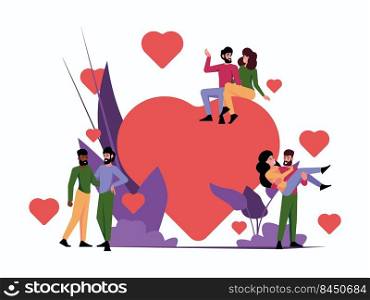 Valentine day background. Happy couples walking together going to romantic date garish vector lovers in cartoon background. Illustration of couple valentine, girlfriend and boy. Valentine day background. Happy couples walking together going to romantic date garish vector lovers in cartoon background