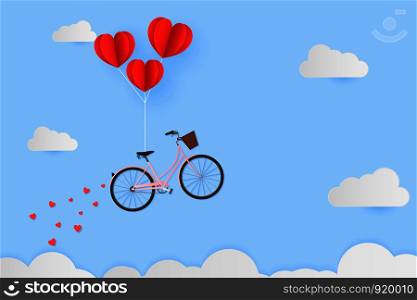 Valentine day , balloon heart hang bicycle float on the sky over clouds with sprinkle heart . paper art style. vector illustration