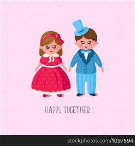 Valentine Day card - cartoon kawaii couple - girl and boy in retro clothes, cute flat cartoon holiday character and romantic background, nice text, vector illustration for postcard, poster, clothes print. Cute cartoon valentines day