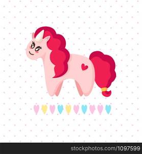 Valentine Day card - cartoon kawaii pink unicorn or pony, magic fairytale, cute flat cartoon holiday character and romantic background, vector illustration for postcard, poster, clothes print. Valentine Day card - cartoon