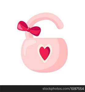 Valentine Day card, cartoon pink lock with bow on white, cute romantic holiday decor, symbol of eternal love - isolated cartoon object, illustration for postcard, print - vector. Valentine Day card - cartoon