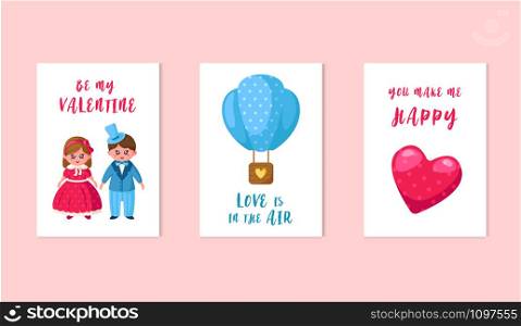 Valentine Day cards - cartoon kawaii girl and boy in retro clothes, hot air balloon, pink heart, lovely phrases, cute flat holiday characters and romantic decorations, vector illustration for postcard, poster. Cute cartoon valentines day