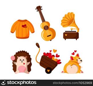 Valentine Day cartoon corgi puppy, hedgehog, sweater, cart with hearts, guitar and gramophone, cute flat cartoon characters and holiday decorations, isolated vector icons. Cute cartoon valentines day