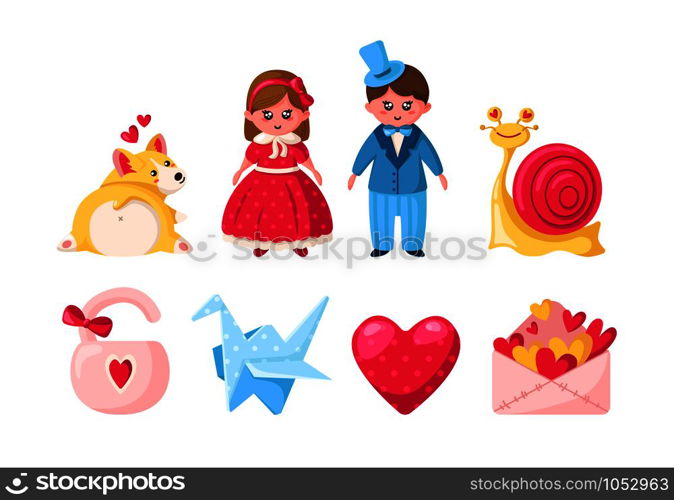 Valentine Day cartoon set - cute flat cartoon characters - kawaii girl and boy in retro clothes, corgi puppy, pink snail, envelope with hearts, paper crane, lock - isolated vector. Cute cartoon valentines day