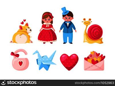 Valentine Day cartoon set - cute flat cartoon characters - kawaii girl and boy in retro clothes, corgi puppy, pink snail, envelope with hearts, paper crane, lock - isolated vector. Cute cartoon valentines day