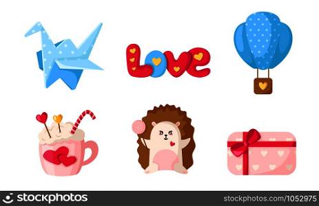 Valentine Day cartoon set - cute flat cartoon objects and characters, origami crane, word love, hedgehog, hot coffee mug, hot air balloon, gift box - isolated vector icons on white . Cute cartoon valentines day