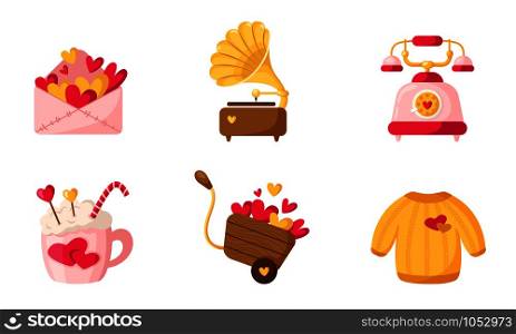 Valentine Day cartoon set - cute flat cartoon objects in retro style, envelope with hearts, hot drink in mug, vintage phone, gramophone, trolley, knitted sweater - isolated vector icons on white . Cute cartoon valentines day