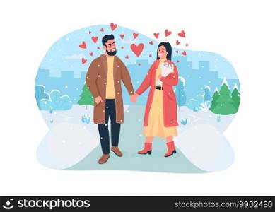 Valentine day celebration 2D vector web banner, poster. Walk in winter park with snow. Happy boyfriend, girlfriend flat characters on cartoon background. Dating printable patch, colorful web element. Valentine’s day celebration 2D vector web banner, poster