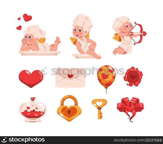 Valentine Day collection. Cartoon cute little Cupid angels with wings bow and arrows. Red heart balloons. Love letter and amour potion. Key and lock romance symbols. Vector romantic elements set. Valentine Day collection. Cartoon little Cupid angels with wings bow and arrows. Heart balloons. Love letter and amour potion. Key and lock romance symbols. Vector romantic elements set