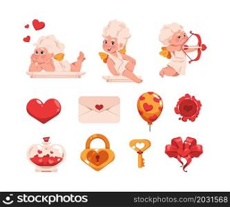 Valentine Day collection. Cartoon cute little Cupid angels with wings bow and arrows. Red heart balloons. Love letter and amour potion. Key and lock romance symbols. Vector romantic elements set. Valentine Day collection. Cartoon little Cupid angels with wings bow and arrows. Heart balloons. Love letter and amour potion. Key and lock romance symbols. Vector romantic elements set