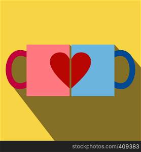 Valentine day couple cups icon. Cups with heart. Flat symbol with long shadow . Valentine day couple cups icon
