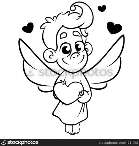 Valentine Day cupid angel cartoon style vector illustration. Amur cupid kid playing isolated on white background. Monochrome vector line art isolated