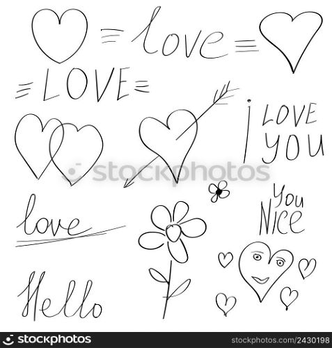 Valentine Day elements doodle hand drawn, calligraphy vector comic sketch set, Declaration of love, first love