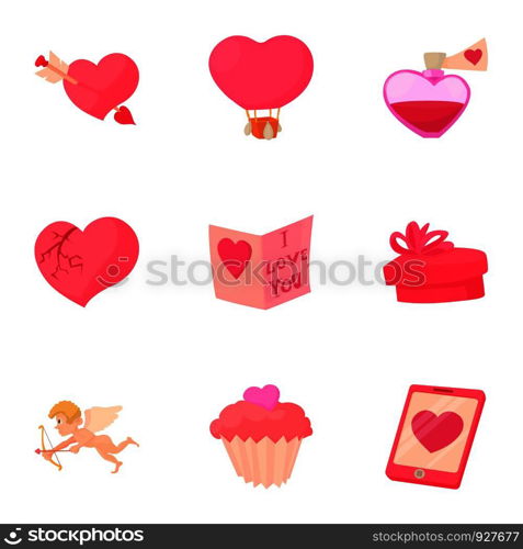 Valentine day equipment icons set. Cartoon set of 9 valentine day equipment vector icons for web isolated on white background. Valentine day equipment icons set, cartoon style