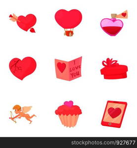 Valentine day equipment icons set. Cartoon set of 9 valentine day equipment vector icons for web isolated on white background. Valentine day equipment icons set, cartoon style