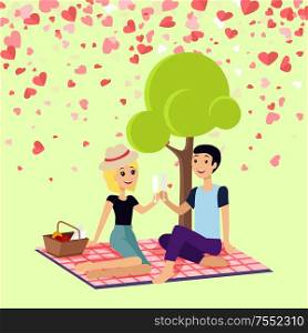 Valentine day girl and boy sitting on map drinking champagne. Romantic spending time near tree, couple drinking. Festive card decorated with hearts vector. Valentine Picnic Day Couple Sits on Blanket Vector
