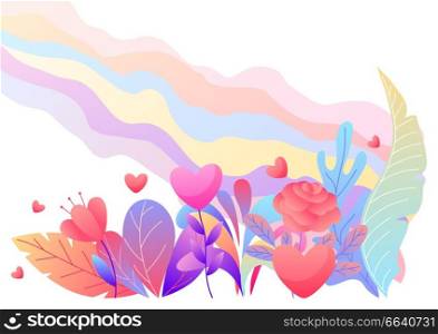 Valentine Day greeting card. Background with romantic flowers and hearts. Beautiful decorative plants.. Valentine Day greeting card.